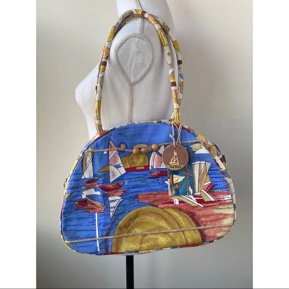 Portofino Seaside Print Boho Canvas Tote Blue - Image 2