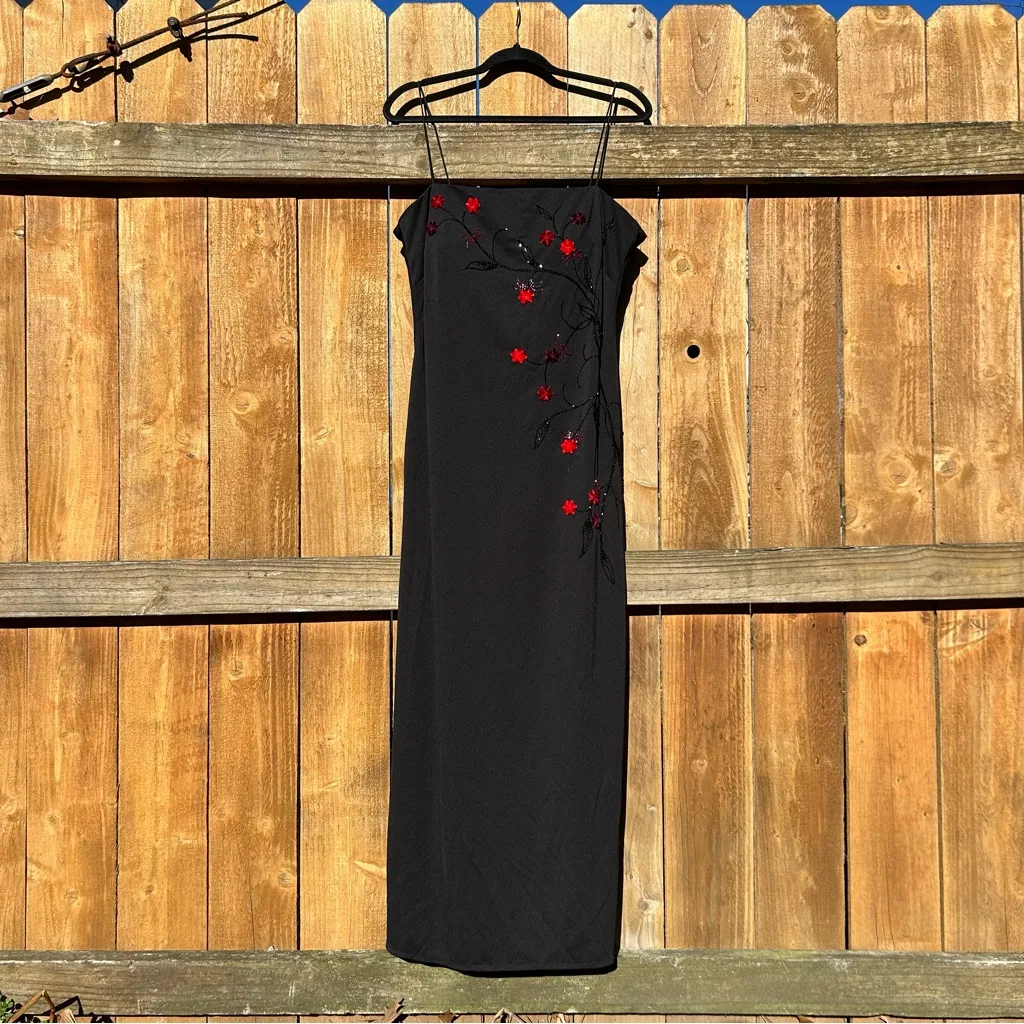 Vintage 90s/Y2K Goth Fairy Embellish 3D Flowers Spaghetti Strap Maxi Dress Sz 14 Black - Image 3