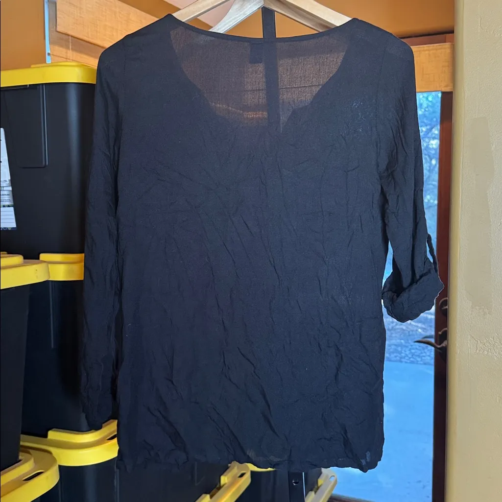 Sacred Threads Black Embroidered Boho Blouse Roll Tab Sleeves Size Small - Image 9