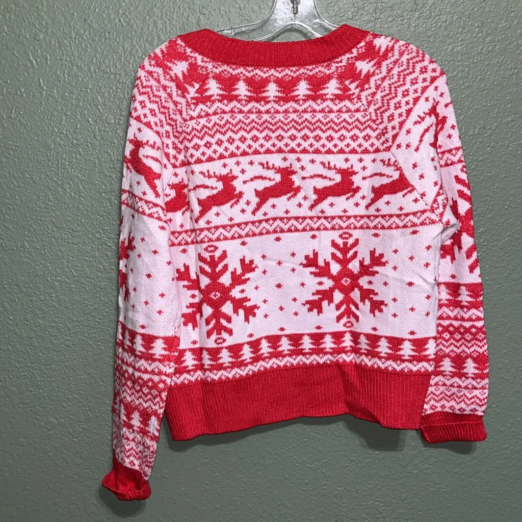 Vintage Red and White Women's Cardigan Sweater Snowflake and Reindeer Design Size M - Image 4