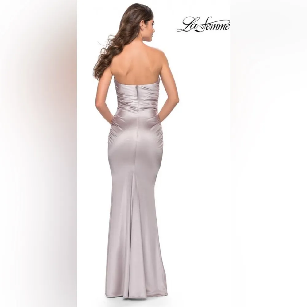 Womens Strapless Metallic Gown Dress Stretch Satin Platinum Silver Sz 4 - Image 2