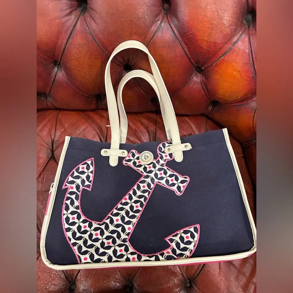 SPARTINA 449 Daufuskie Island Mermaid Large Navy Blue  and hot pink  Anchor Tote - Image 6