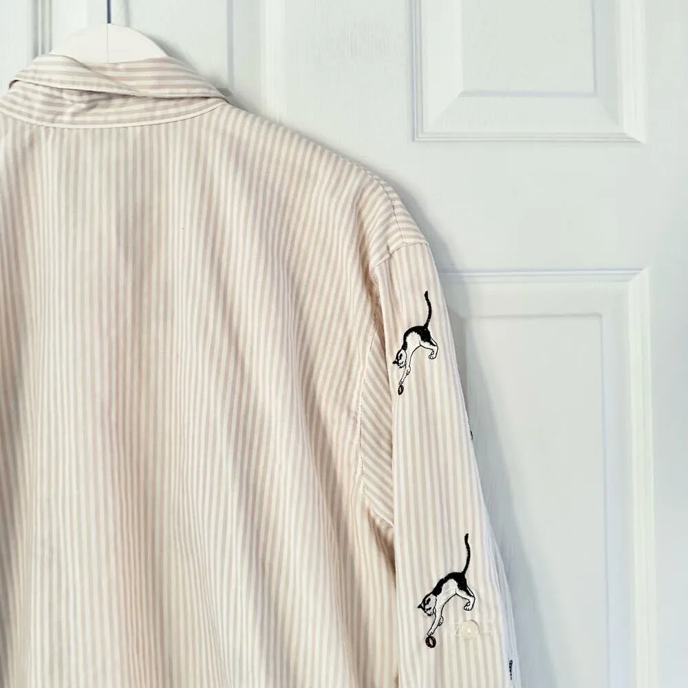Teddi Vintage Beige White Seersucker Stripe Buttondown Embroidered Cats Large - Image 12
