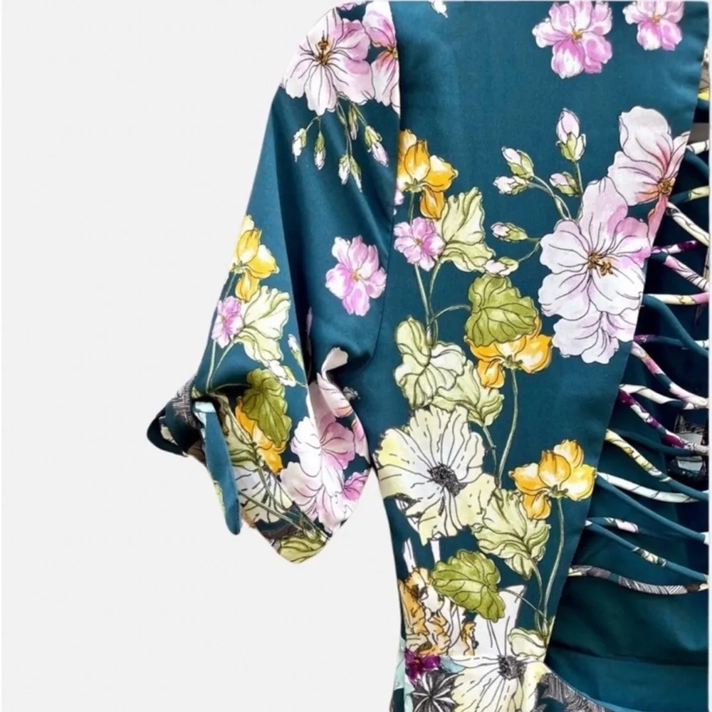 Aliyah Lace-Up Dress Floral Womens S Small Teal Turqoise - Image 6