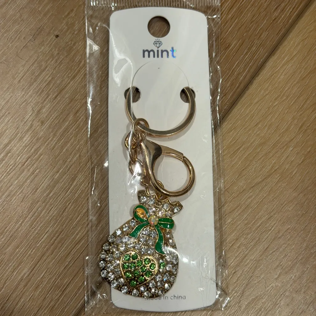 Green Rhinestone Money Bag Keychain Purse Charm Lucky Clover Gold Tone - Image 5