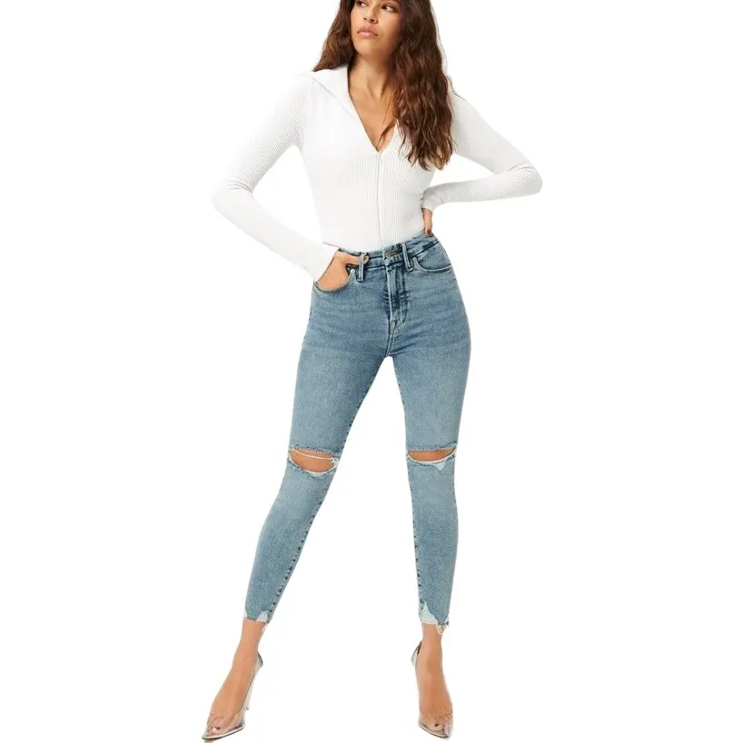Good American Jeans Good Waist Crop Skinny High Rise Chewed Hem Blue799 8/29 NWT - Image 2