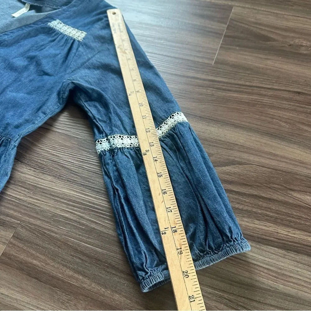 Lapis Anthropologie Denim Shirt Dress Women Large Retro 80s 3/4 Sleeve Mini Lace - Image 8