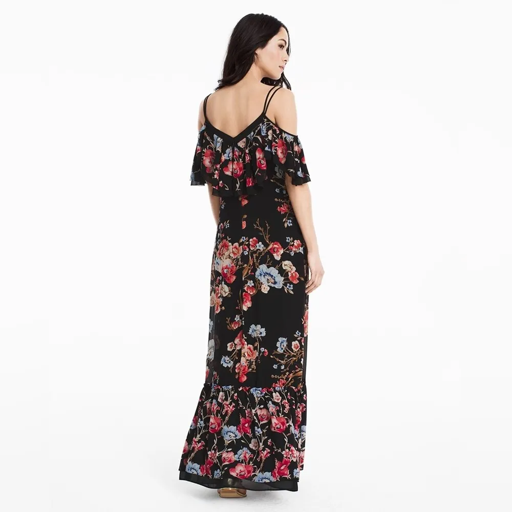 WHBM Black Red Blue Gold Floral Cold-Shoulder Metallic Embroidered Maxi Dress 6 - Image 3