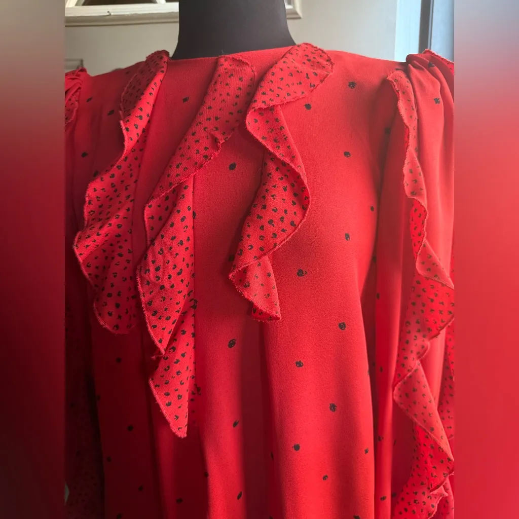NOS vintage Chez California red ruffle polka dot shift dress, size 12 - Image 3