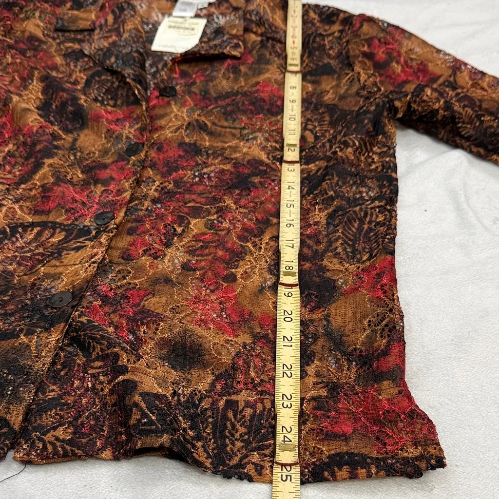 boho floral burnout lace blouse sheer button-front top autumn rust/black/red - Image 5