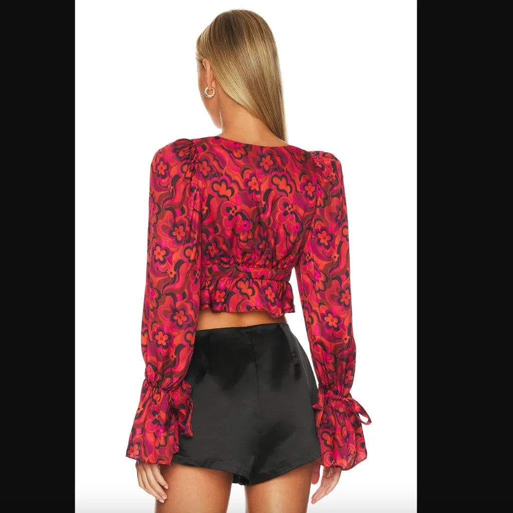 For Love & Lemons Davina Red Floral Tie Front Cropped Blouse XS - Image 6