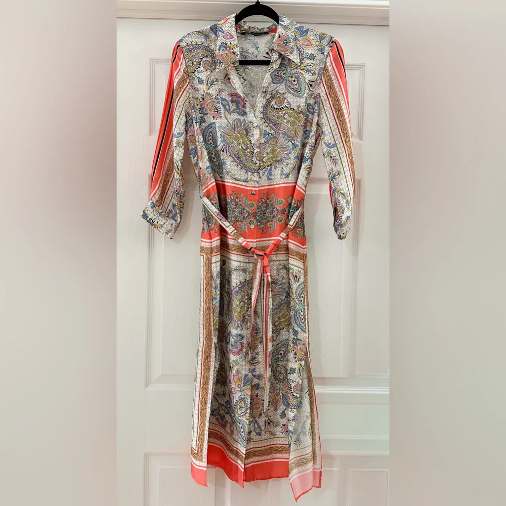 Zara Paisley Tapestry satin Collared Shirt Dress midi Scarf Print Belted Orange - Image 4