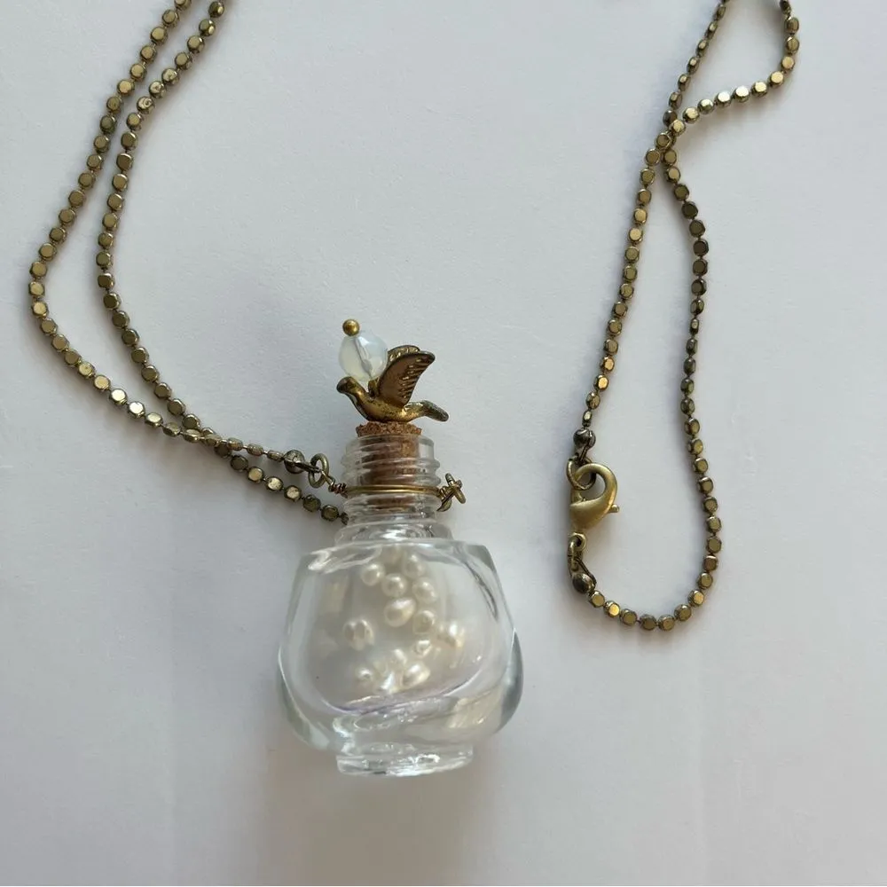 beautiful vintage-inspired necklace with bird and glass bottle charm pearl - Image 2