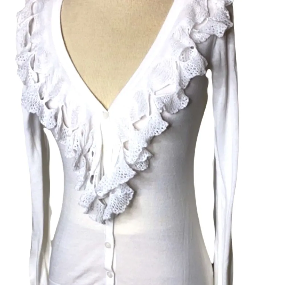 CABI White Lace Ruffle Trim Long Sleeve Cardigan S - Image 2