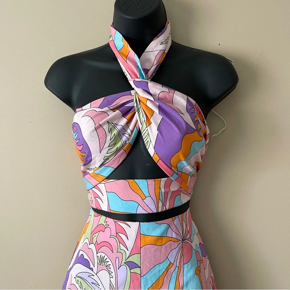 SHEIN | Slayr Allover Print Criss Cross Halter Top & Drawstring Skirt Sz XS - Image 3