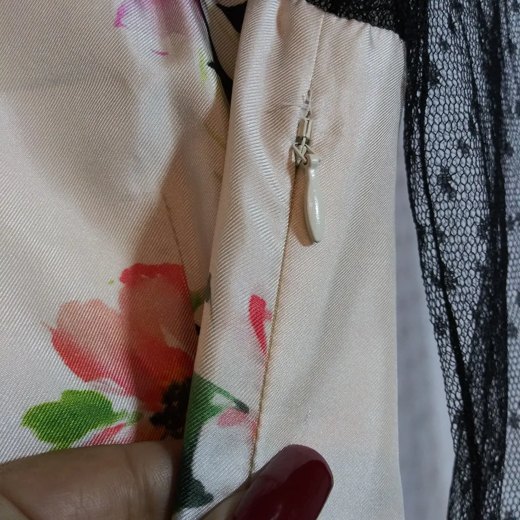 Blumarine Silk Floral Dress with Sheer Black Sleeves Luxury Feminine Size Small - Image 5