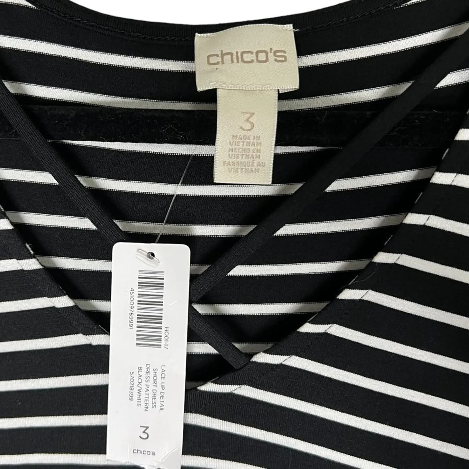 NWT Chico's Lace Up Detail Shift V-Neck Dress  Stripped Black White Size 3/XL - Image 5
