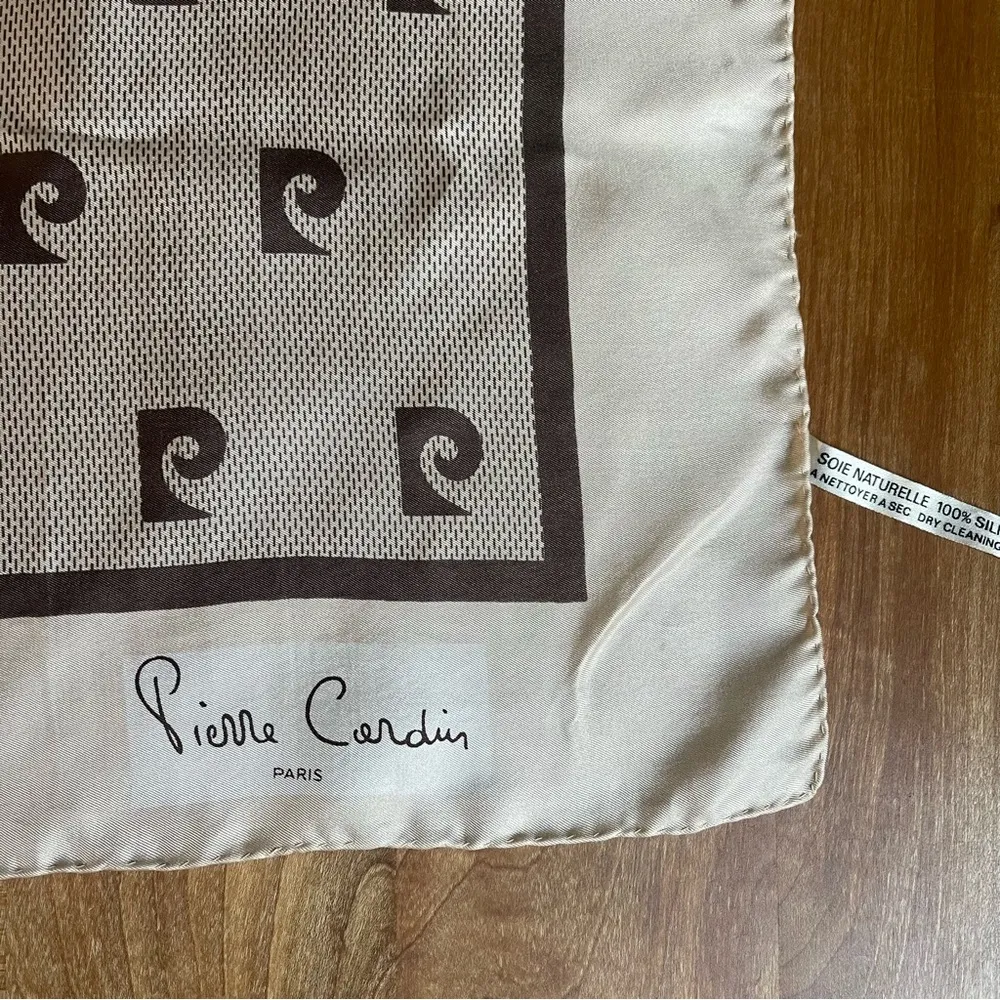Vintage 70s Pierre Cardin Paris Signature Logo Silk Scarf Brown Ivory 25 x 26 - Image 5