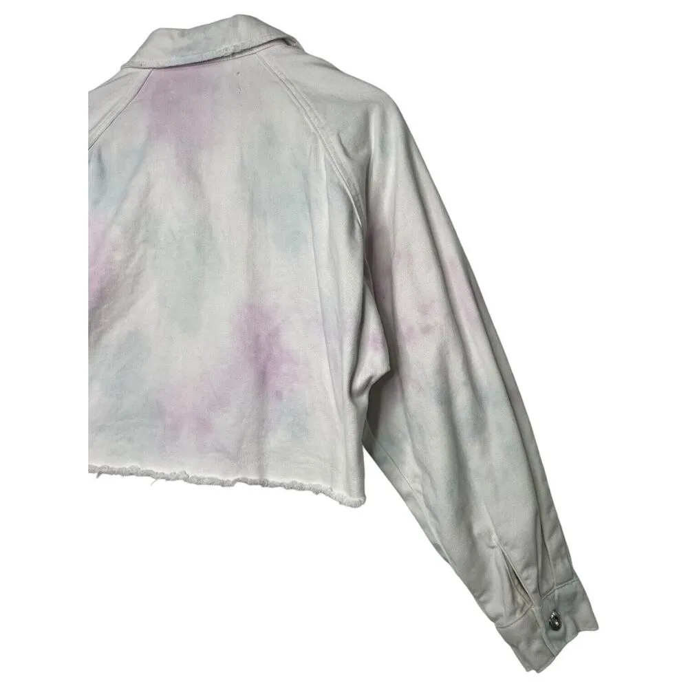 Zara Jacket Womens S Pastel Tie Dye Cropped Dolman Frayed Hem Pockets White - Image 10