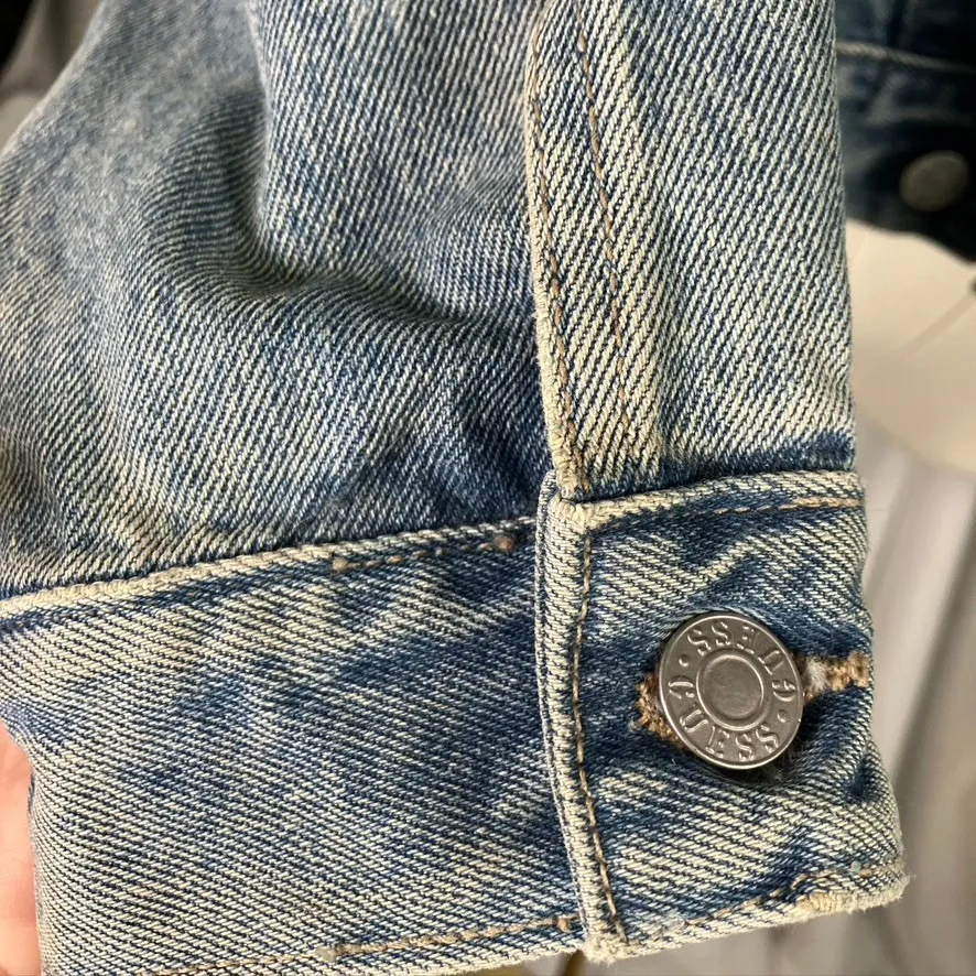 Vintage GUESS USA Denim Jacket Brown Leather Collar Made in USA Womens Small - Image 9