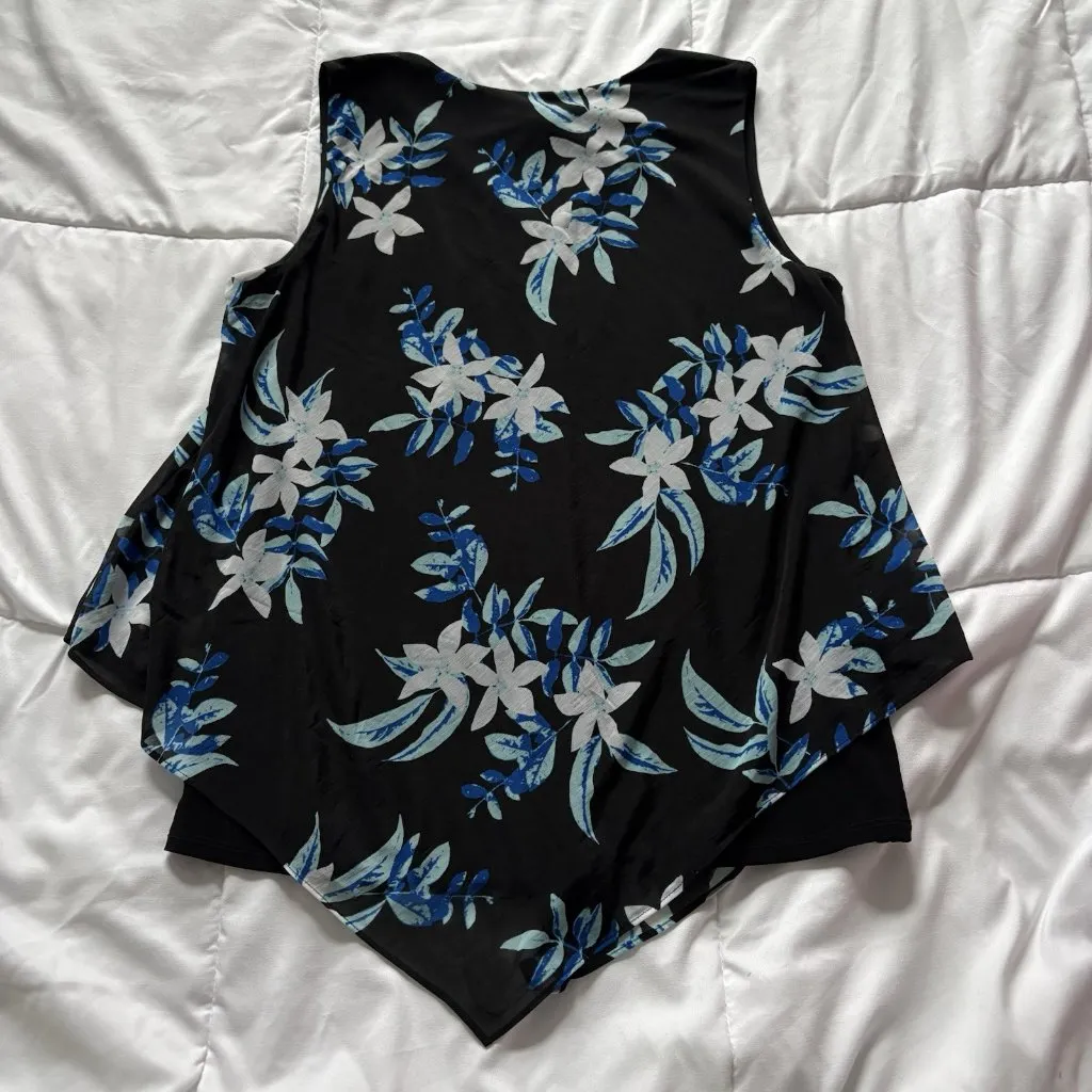 Womens Size PM Blue Black Tank Top Floral Blouse Officechic Corpcore City Lined - Image 5