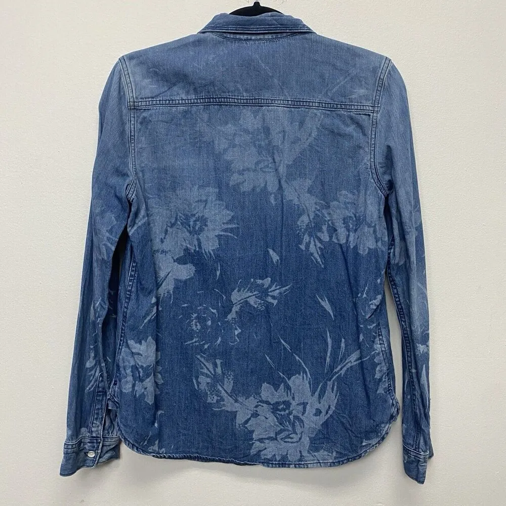 Gap 1969 Shirt Womens Small Chambray Denim Button Up Floral Preppy Rugged Grunge - Image 4