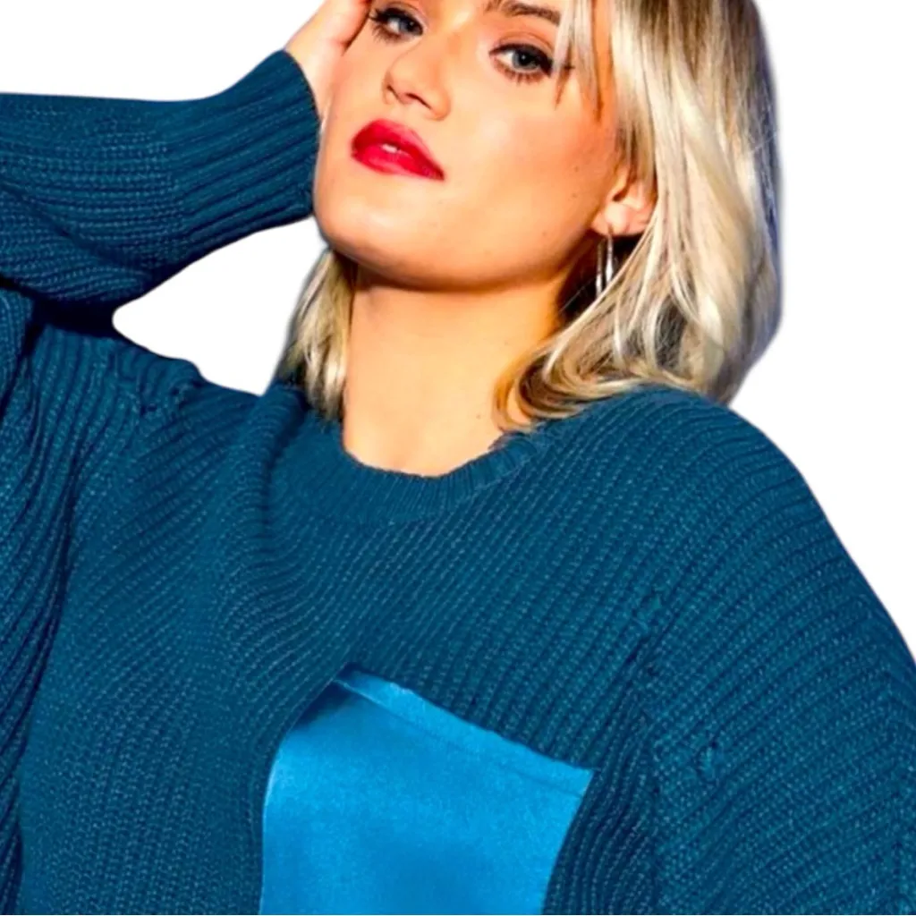 Size 1: Torrid Lovesick Distressed Satin Pocket Pullover Sweater - Image 3