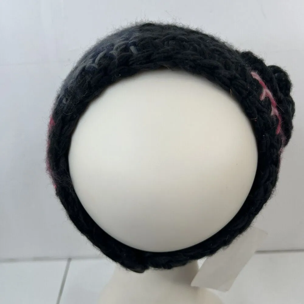 Crochet Hand Knit Headwrap Flower Accent Knit Black Pink Button Close Adjustable - Image 4