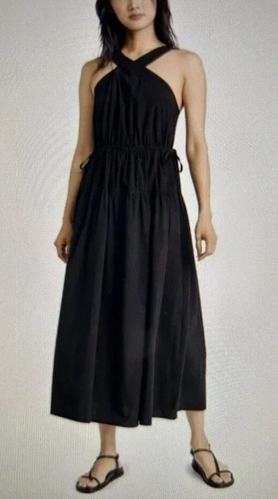MADEWELL Halter Tiered Midi Lake Dress True Black Crinkle Cotton Poplin Size 00 - Image 2
