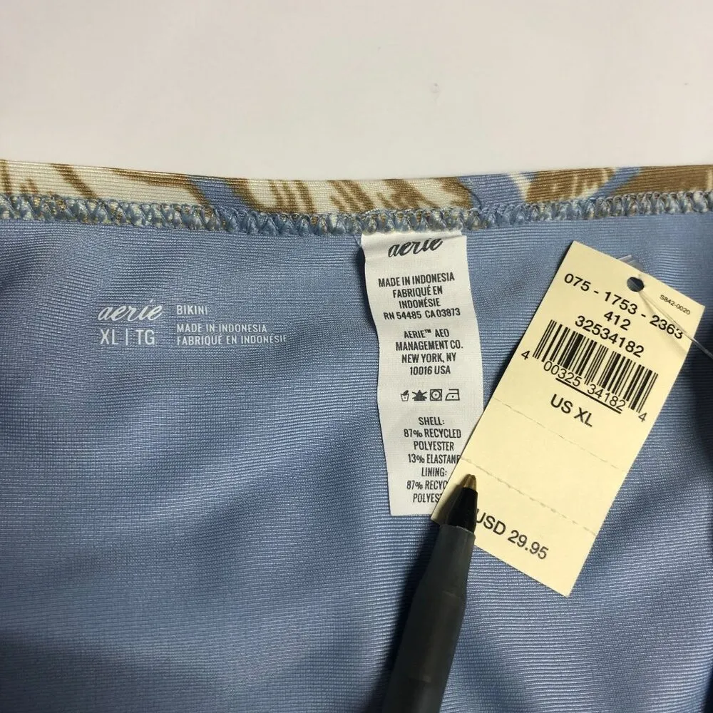 Aerie Bikini Bottom Brief Floral Palm Print Gold Glitter Cut Outs Blue Beige XL - Image 3