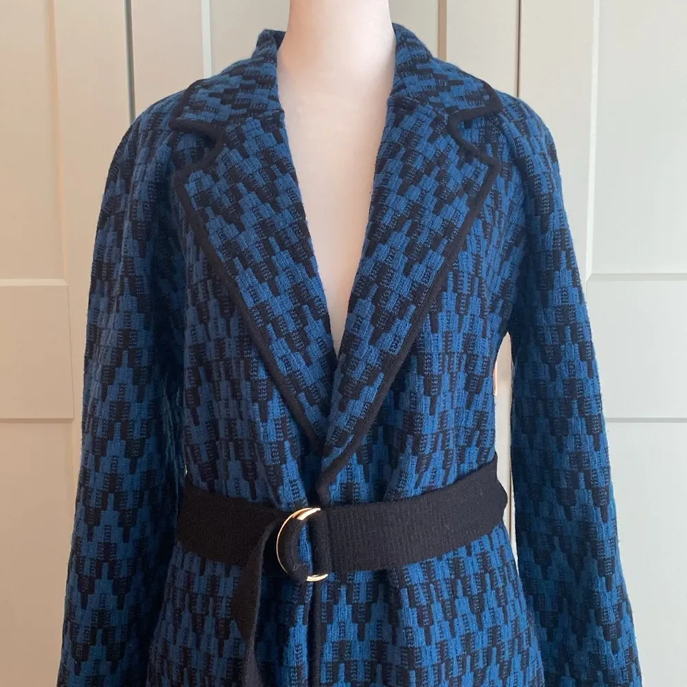 NWT St John Chevron Knit Belted Trench Coat in Teal Blue and Black sz Small - Image 2