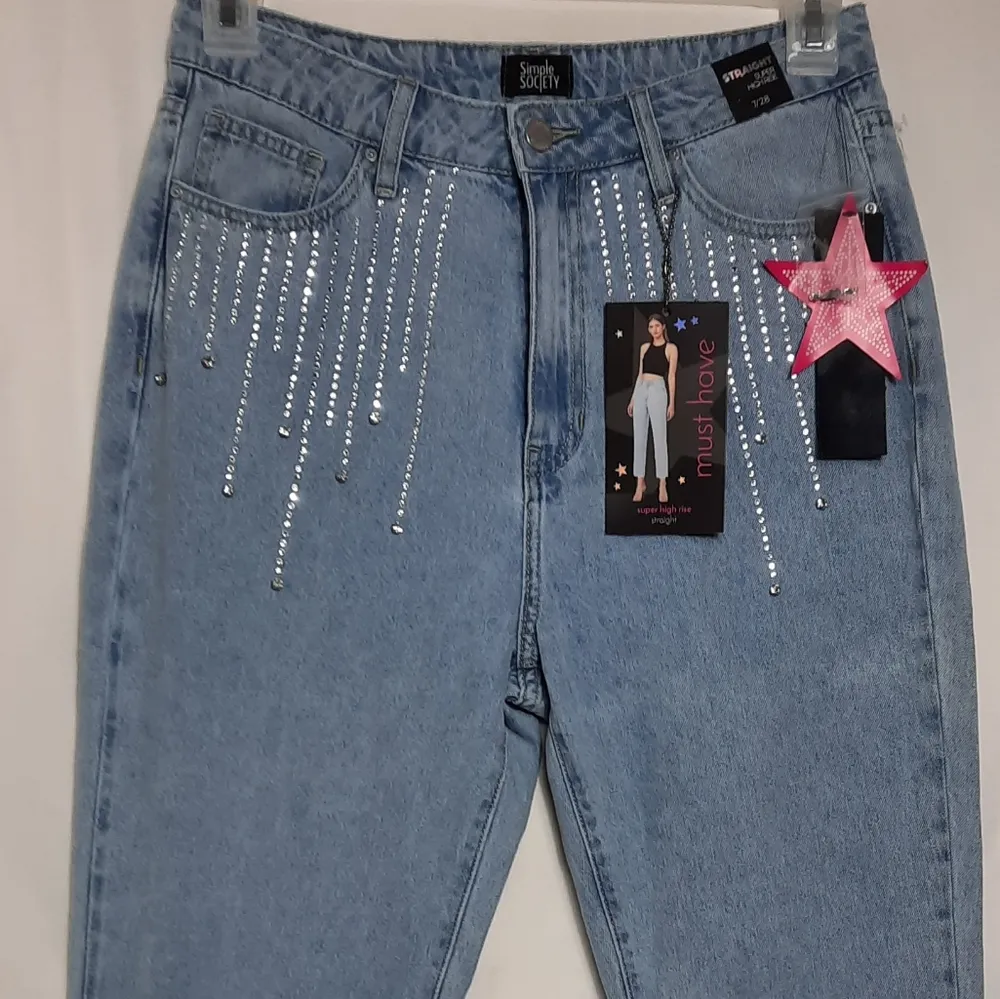 Simple Society Juniors Jeans High Rise Straight Light Wash Size 7/28 Rhinestones - Image 7