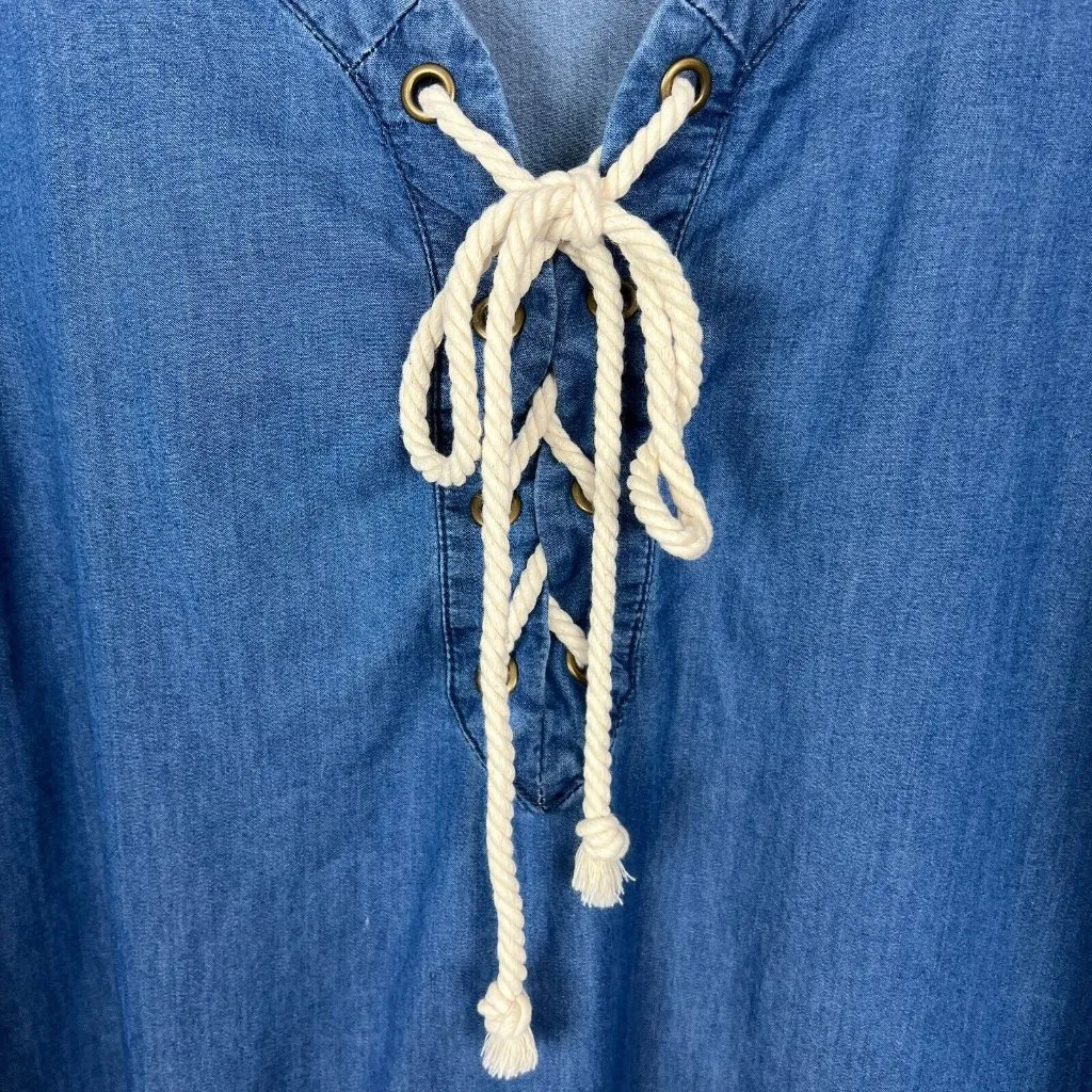 Nanette Lepore Dress Women 1X Blue Chambray Shift Rope Lace Up 3/4 Sleeve V-Neck - Image 5