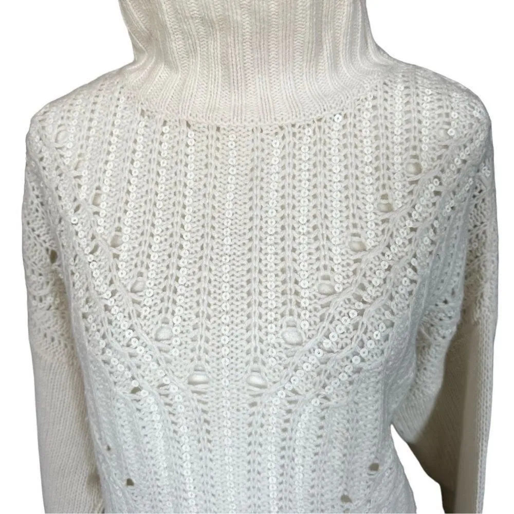 BCBGMaxAzria Gardenia Cream Sequin Merino Wool Mock Neck Tunic Sweater Sz Small - Image 7