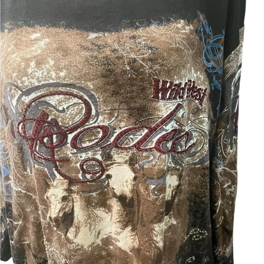 Take Two Clothing WILD WEST RODEO Embellished Scoop Neck 3/4 Sleeve Shirt Top 1X Black - Image 4