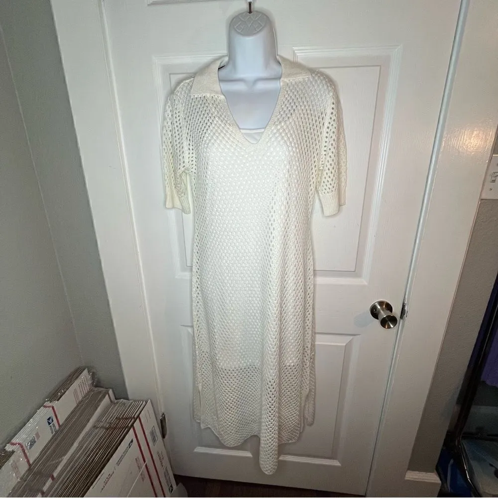 Steve Madden Short Sleeve Open Crochet Knit Midi Dress Ivory White M - Image 2