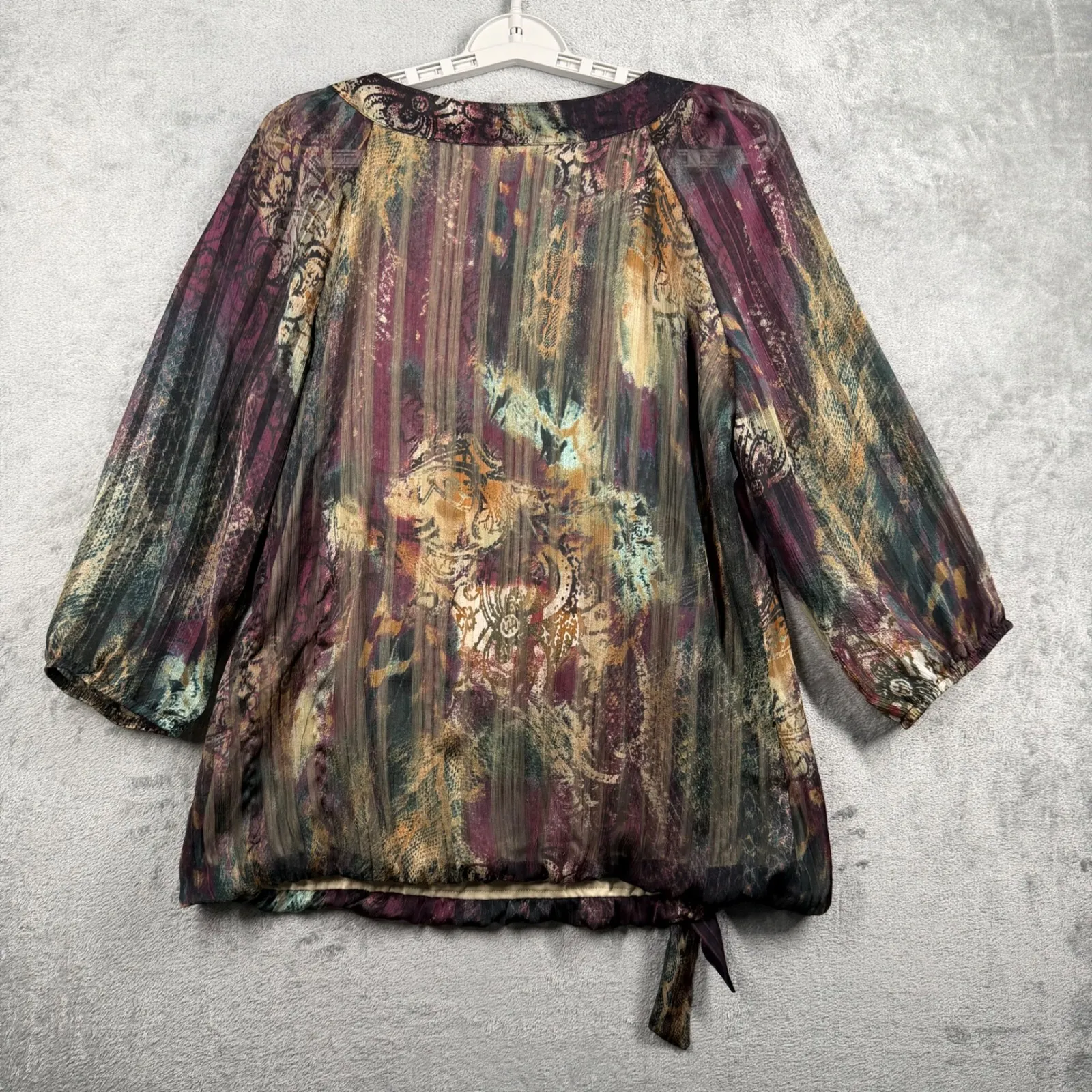 Dressbarn Blouse Size L Green Purple Abstract Art Sheer Tie Front Balloon Sleeve - Image 3