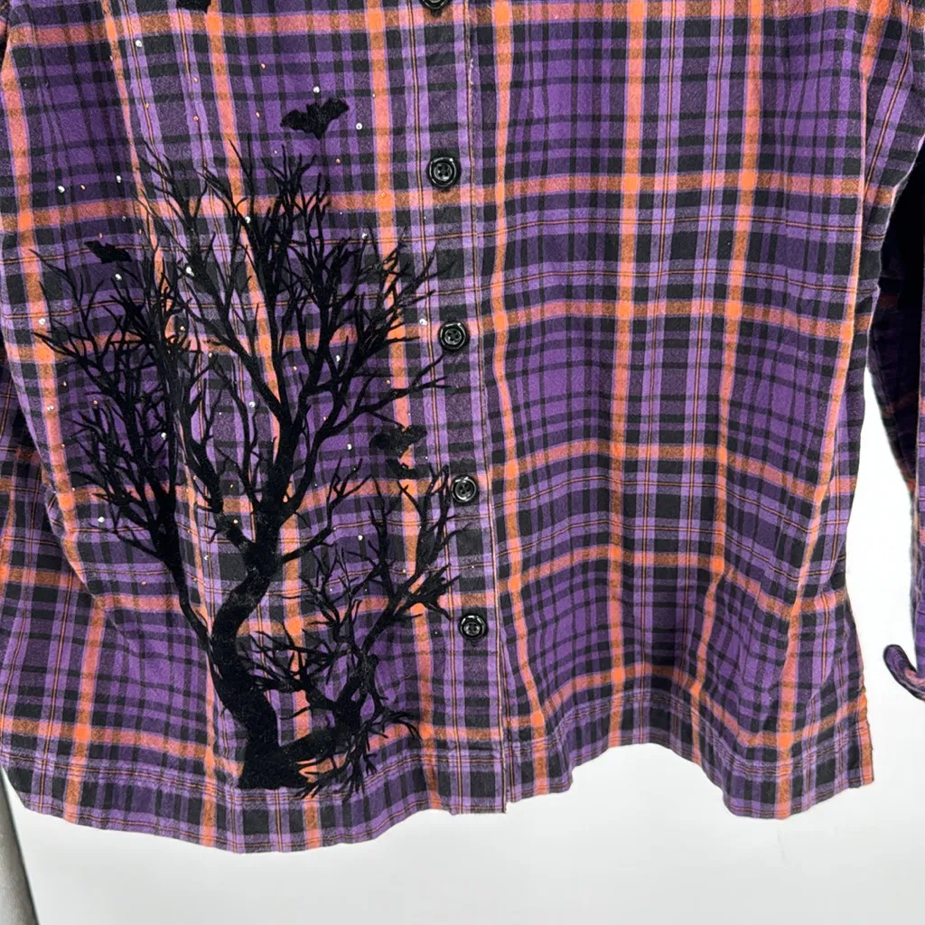 Krazy Kat Purple Orange Plaid Halloween embellished Button Down Shirt XXL bats - Image 9