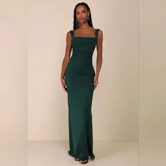 Lulus Amazing Presence Dark Green Mesh Ruched Column Maxi Dress Size XL - Image 4