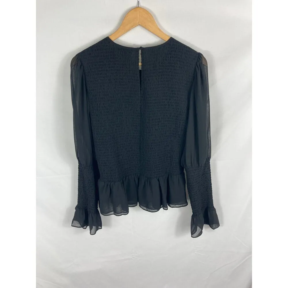 1 State Long Sleeve Crew Neck Smocked Blouse Black Size Large - Image 7