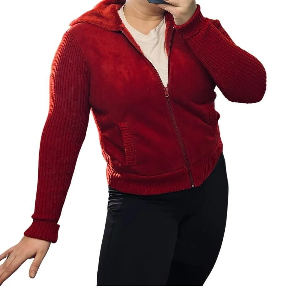 Y2K Cherry Red Faux Suede Leather Jacket Hooded Knit Vintage Faux Fur Size L - Image 5