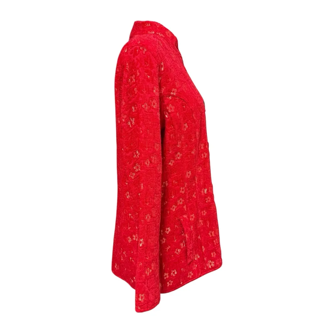 Chico’s Red Floral Jacquard Mandarin Collar Button Jacket Blazer Size 1 - Image 2