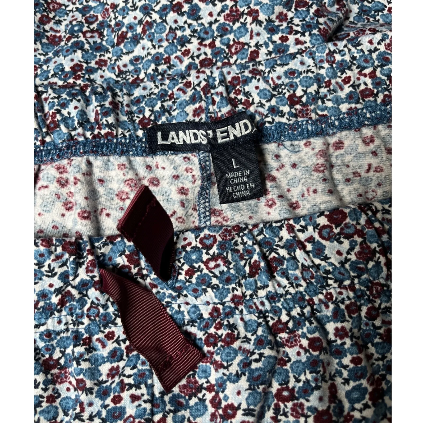 Lands' End Floral Lounge Pants L Blue Burgundy Micro Print Soft‎ Knit - Image 4