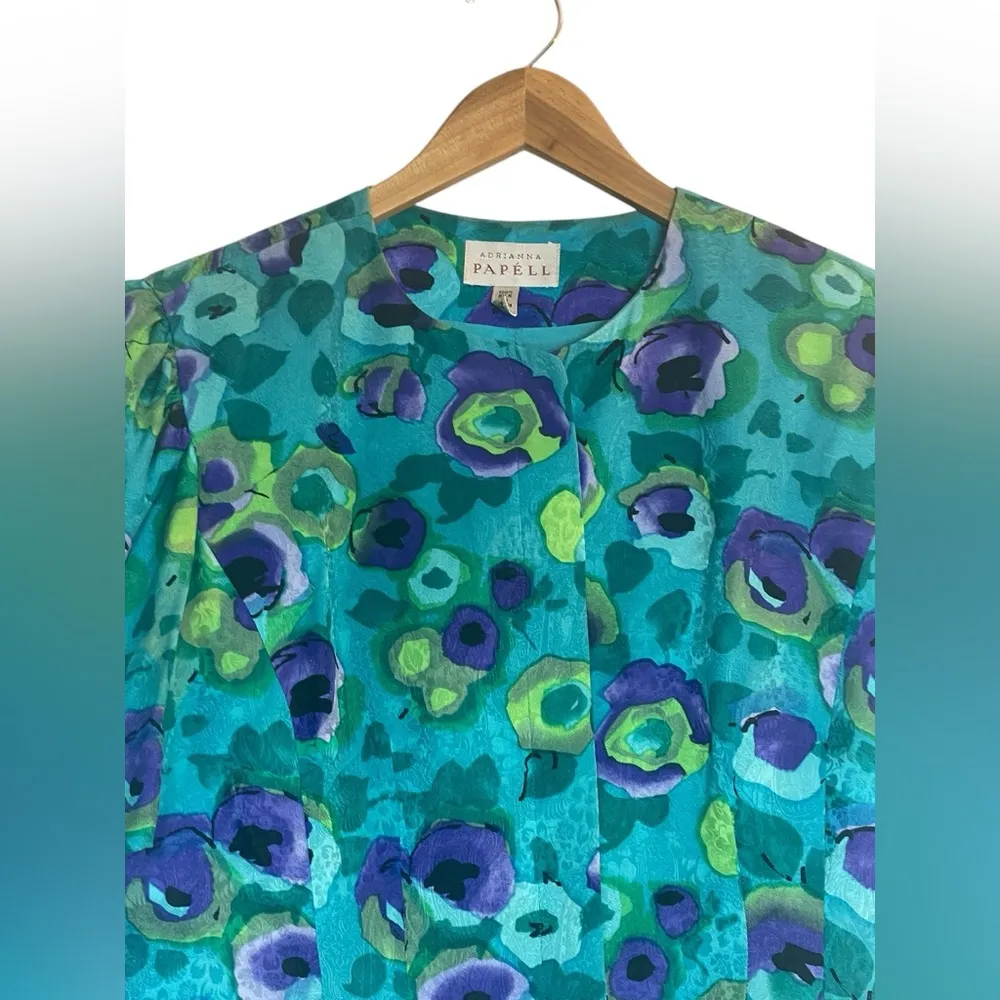 Adrianna Papell 100%‎ Silk Jacket Blouse Blue Green Purple Size 12 Formal Floral - Image 2