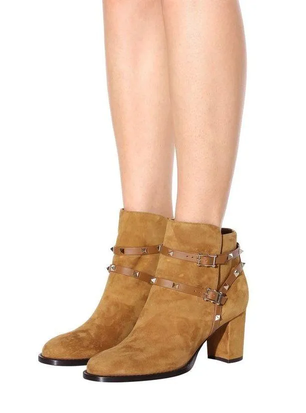 Valentino Garavani Valentino Rockstud 100mm double strap tan suede ankle boots size IT 37.5 US 7.5 - Image 19