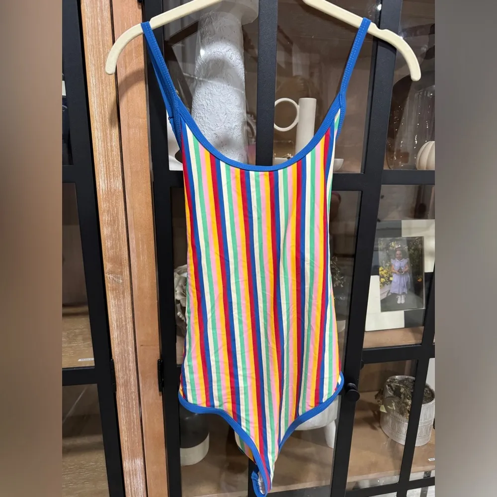 Hanna Andersson one piece swimsuit striped rainbow colorful scoop crisscross Blue Size M - Image 2