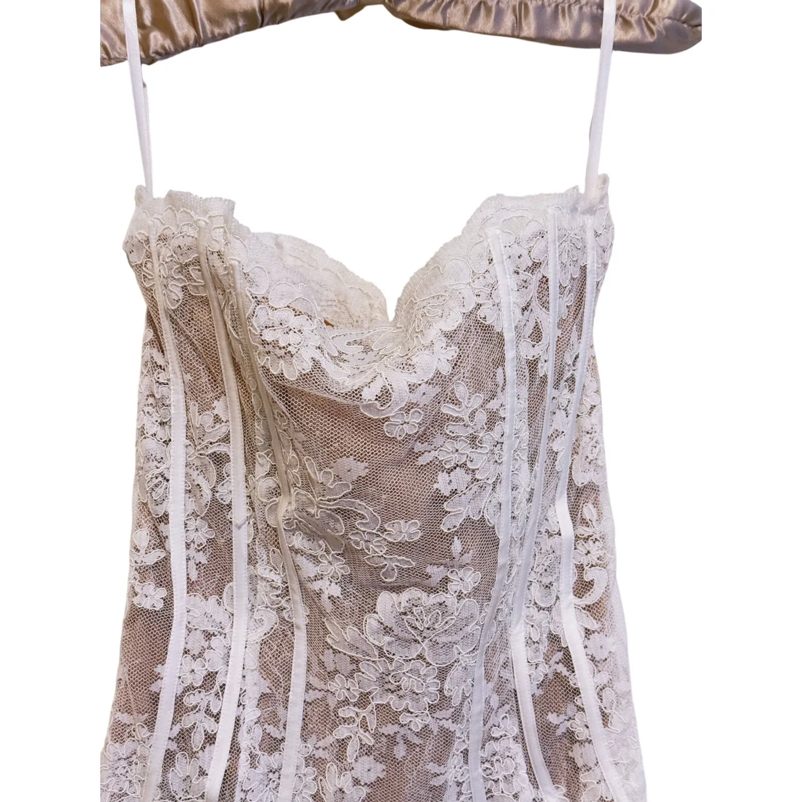 V. Chapman Bridal Capulet Strapless Corset Chantilly Lace Midi Dress 8 Romantic White - Image 11