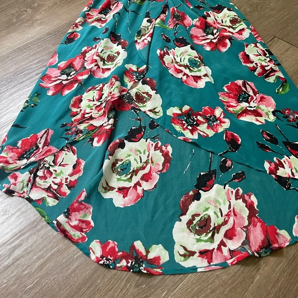 Lucky Brand faux wrap 100% silk maxi dress ~ turquoise floral ~ women’s size S - Image 11