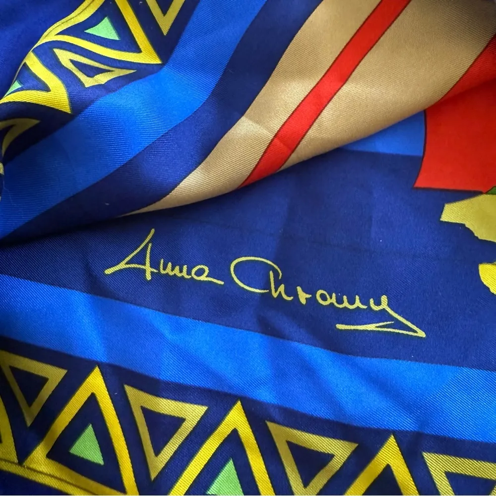 Vintage The Silk Road Anna Chrowy? Abstract Vibrant Color 100% Silk Scarf 42”X43 Blue - Image 8