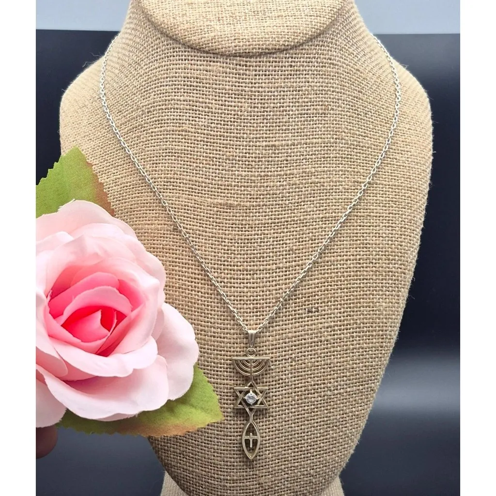 Religious Jewish Star of David Cross Menorah Pendant 925 Sterling Necklace 18" - Image 2